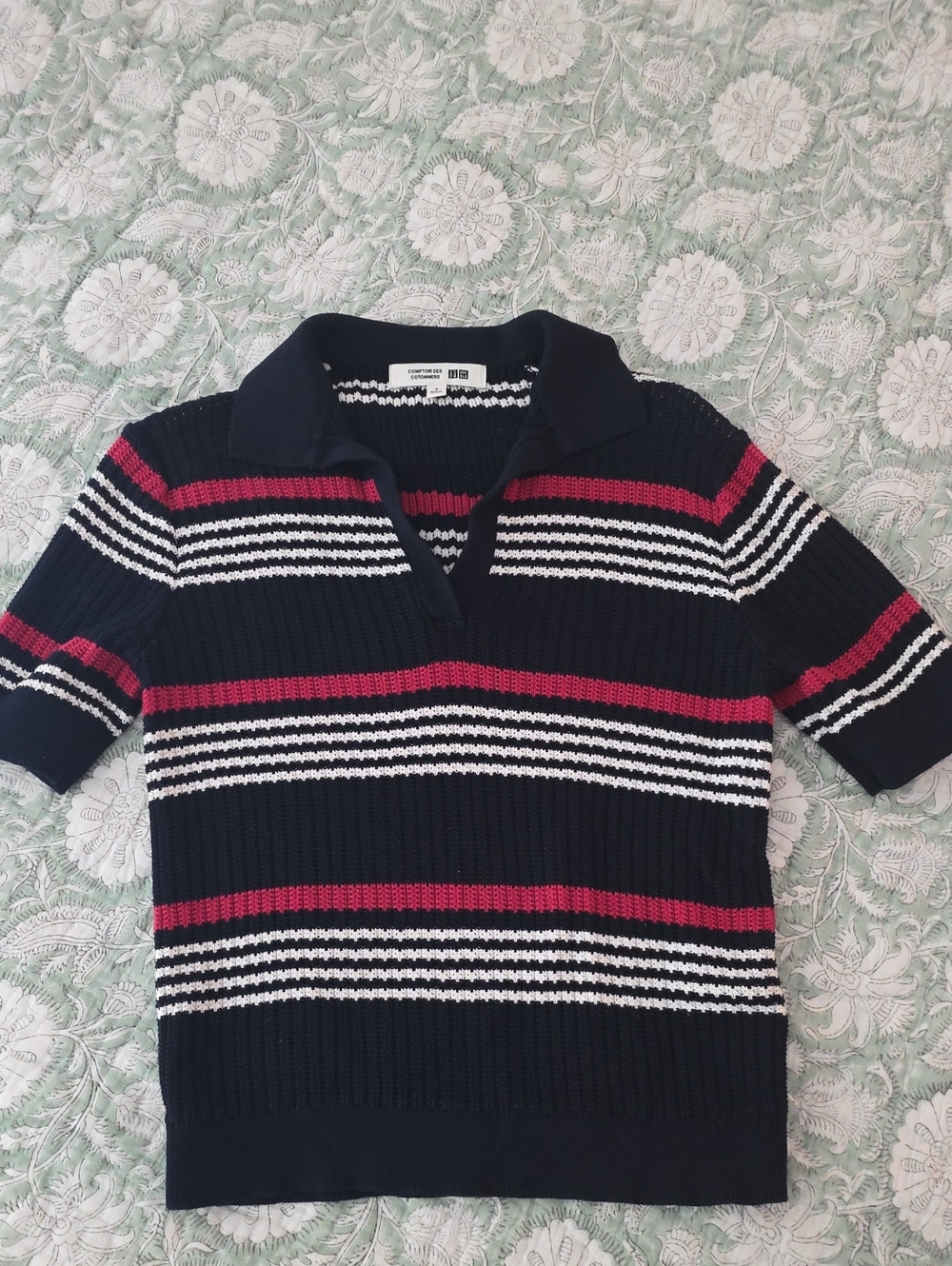 Uniqlo Navy, White & Red Striped Knit Polo